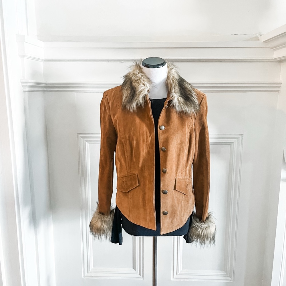 Brown Suede Jacket with Faux Fur Trim
